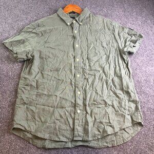 J Crew Shirt Mens XL Green Linen Blend Short Sleeve Slim Fit Pocket Button